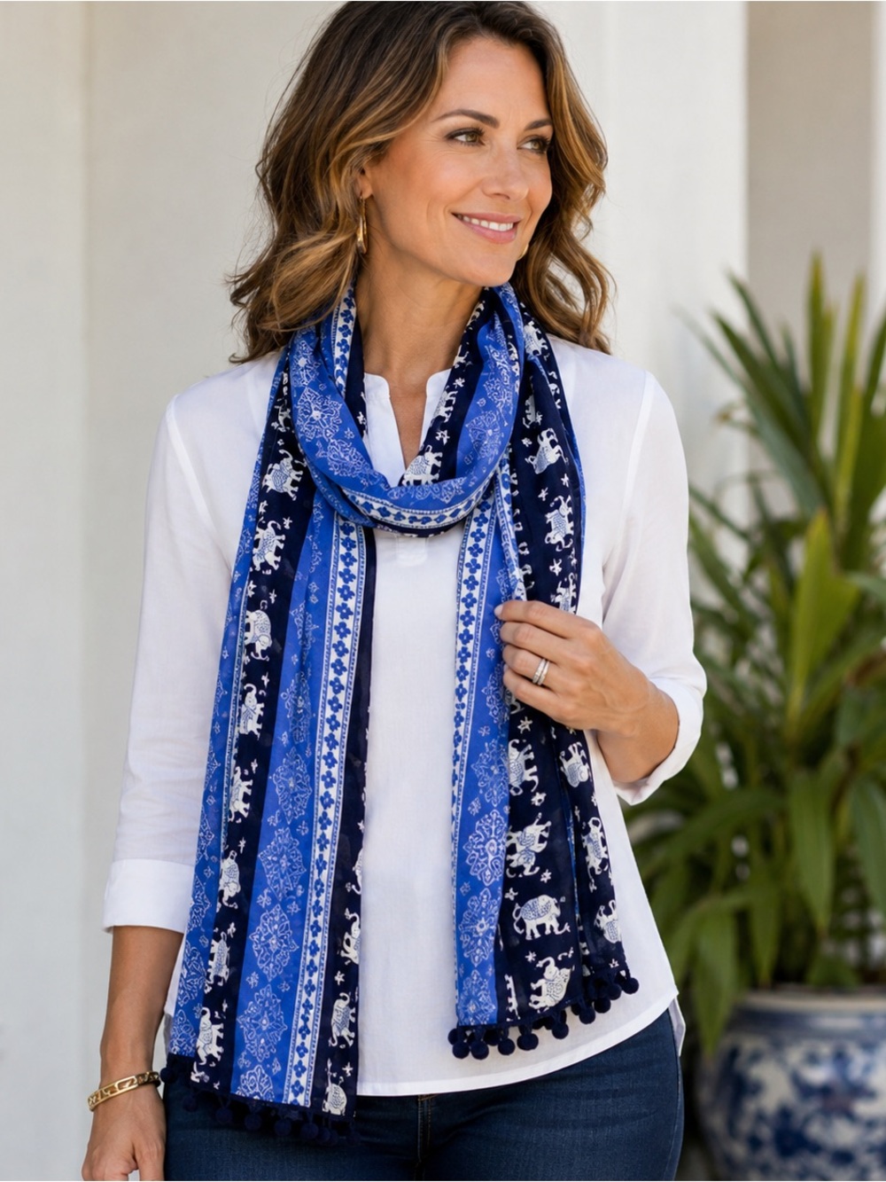 Crown & Ivy Blue White Elephant Print Lightweight Scarf Wrap Pom Pom Trim OS